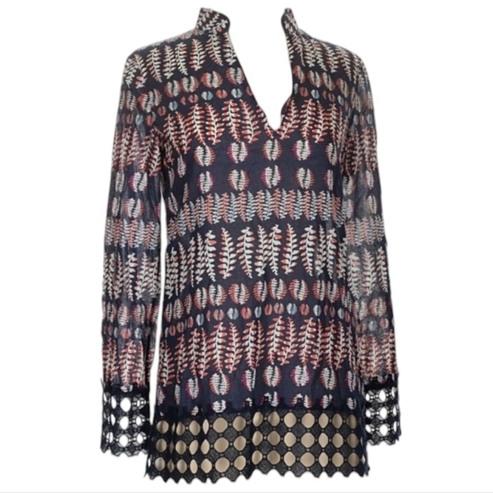 Tory Burch Semi Sheer Floral V-Neck Tunic Blouse Purple Black Size 0